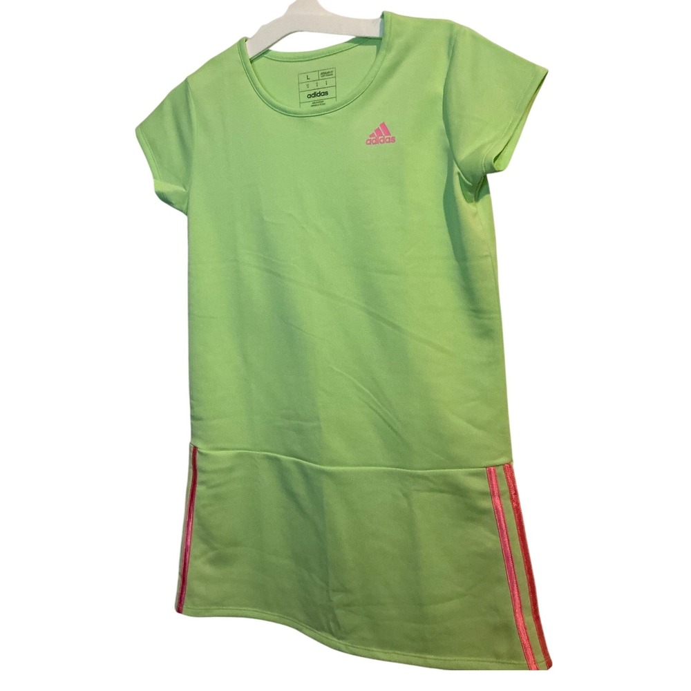 Adidas Girls Lime Green Pink Stripe Athletic Tennis Dress L 14 AZ0807